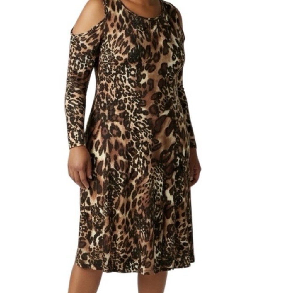 Susan Graver Leopard-Print Cold-Shoulder Knee Length Dress in Brown Size Small